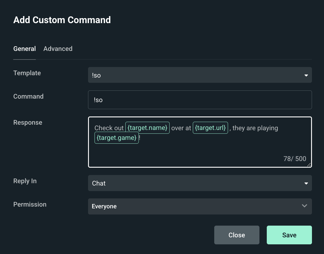 shoutout custom command template within the custom commands dash in Cloudbot
